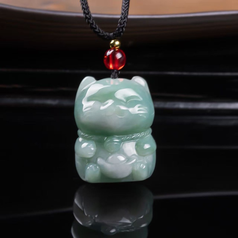 Women Fashion Necklace - Natural Emerald Jade Lucky Cat Pendant